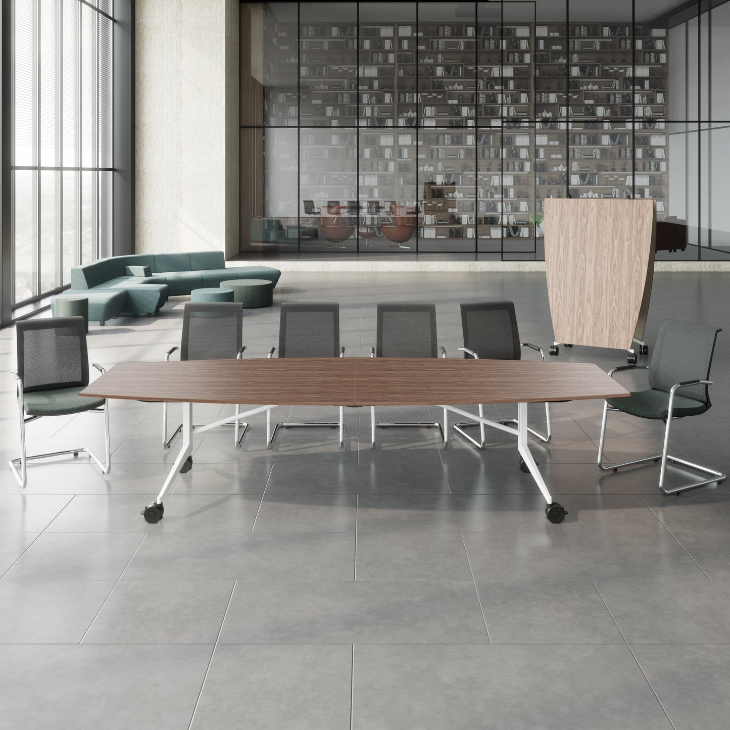 MARA TIMMY LIBRO Konferenztisch | Bootsform, 3200 x 1200 mm (10 - 14 Personen), rollbar, faltbar, Echtholz-Furnier Nussbaum