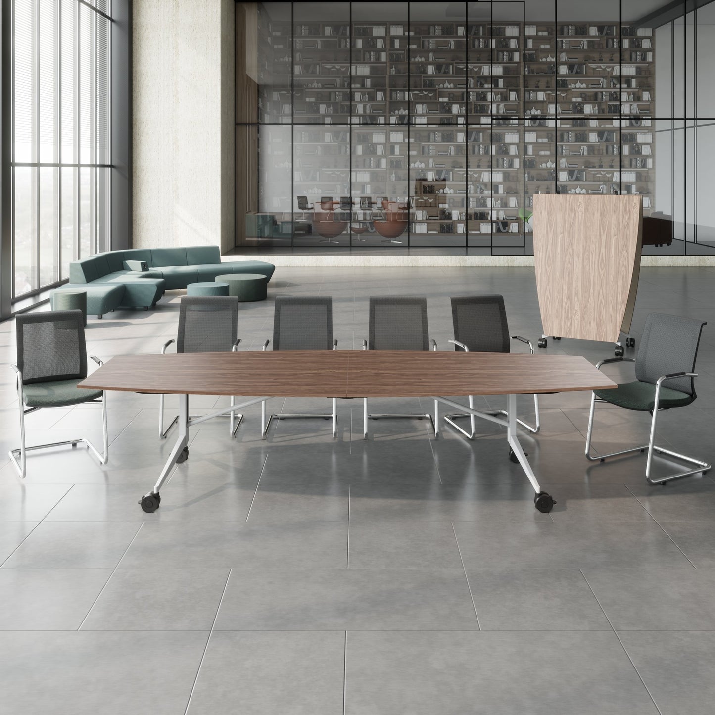 MARA TIMMY LIBRO Konferenztisch | Bootsform, 3200 x 1200 mm (10 - 14 Personen), rollbar, faltbar, Echtholz-Furnier Nussbaum