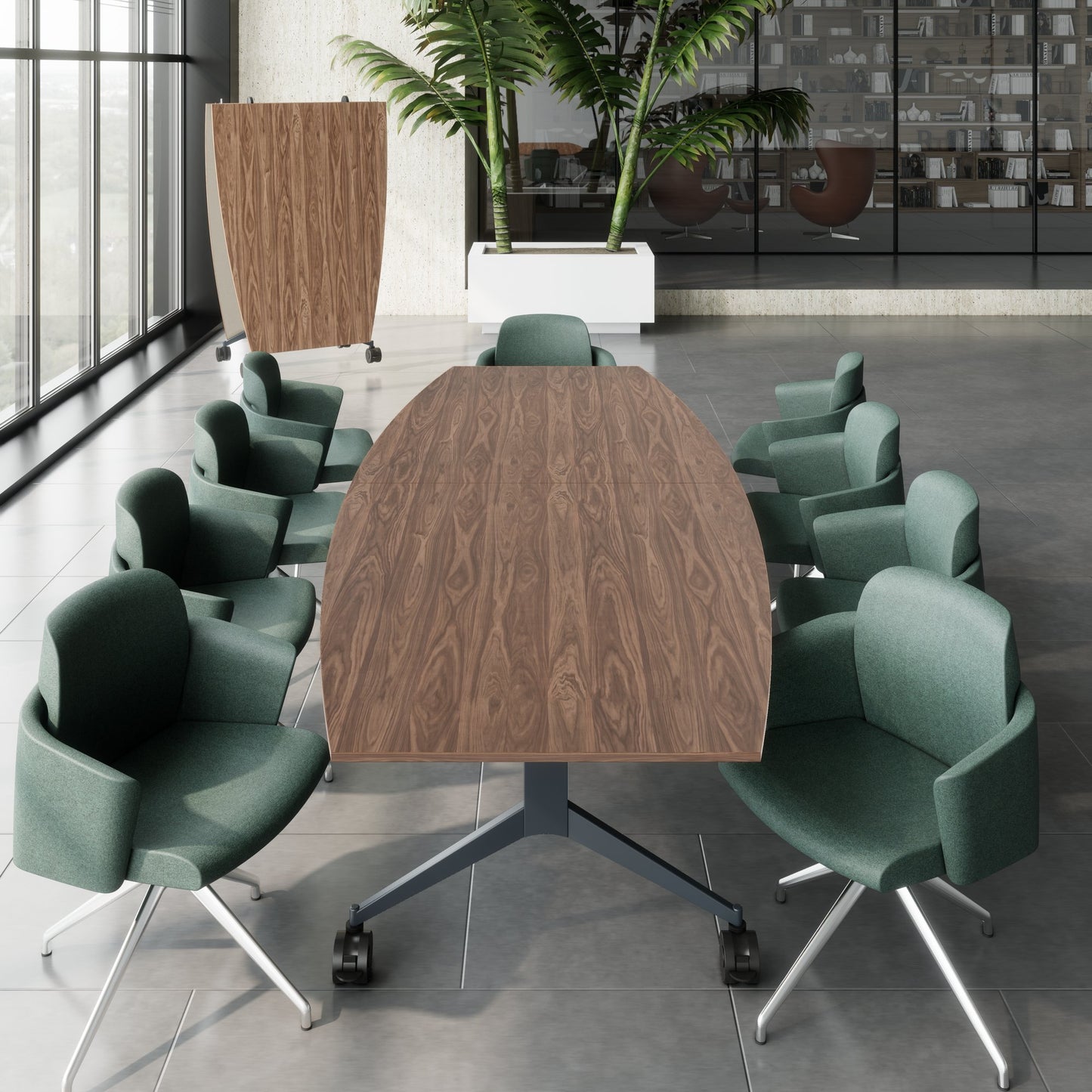 MARA TIMMY LIBRO Konferenztisch | Bootsform, 3200 x 1200 mm (10 - 14 Personen), rollbar, faltbar, Echtholz-Furnier Nussbaum