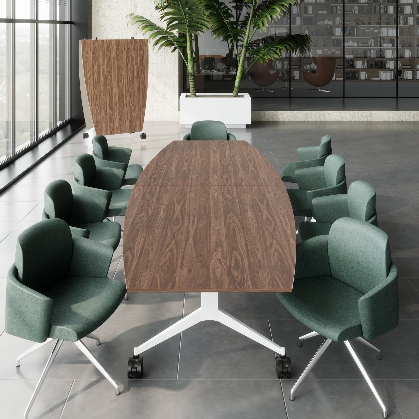 MARA TIMMY LIBRO Konferenztisch | Bootsform, 3200 x 1200 mm (10 - 14 Personen), rollbar, faltbar, Echtholz-Furnier Nussbaum