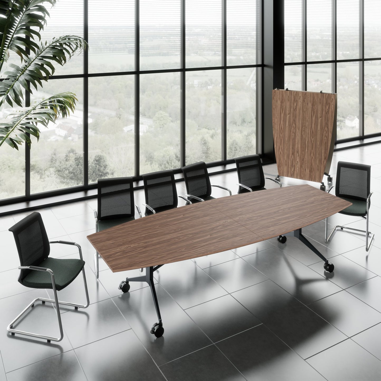 MARA TIMMY LIBRO Konferenztisch | Bootsform, 3200 x 1200 mm (10 - 14 Personen), rollbar, faltbar, Echtholz-Furnier Nussbaum