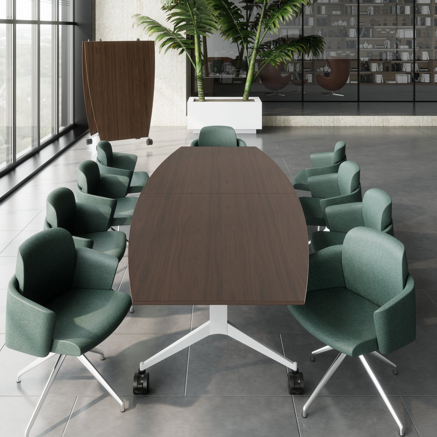 MARA - TIMMY LIBRO Table de conférence | forme bateau, 3200 x 1200 mm (10 à 14 personnes), roulante, pliable, noyer