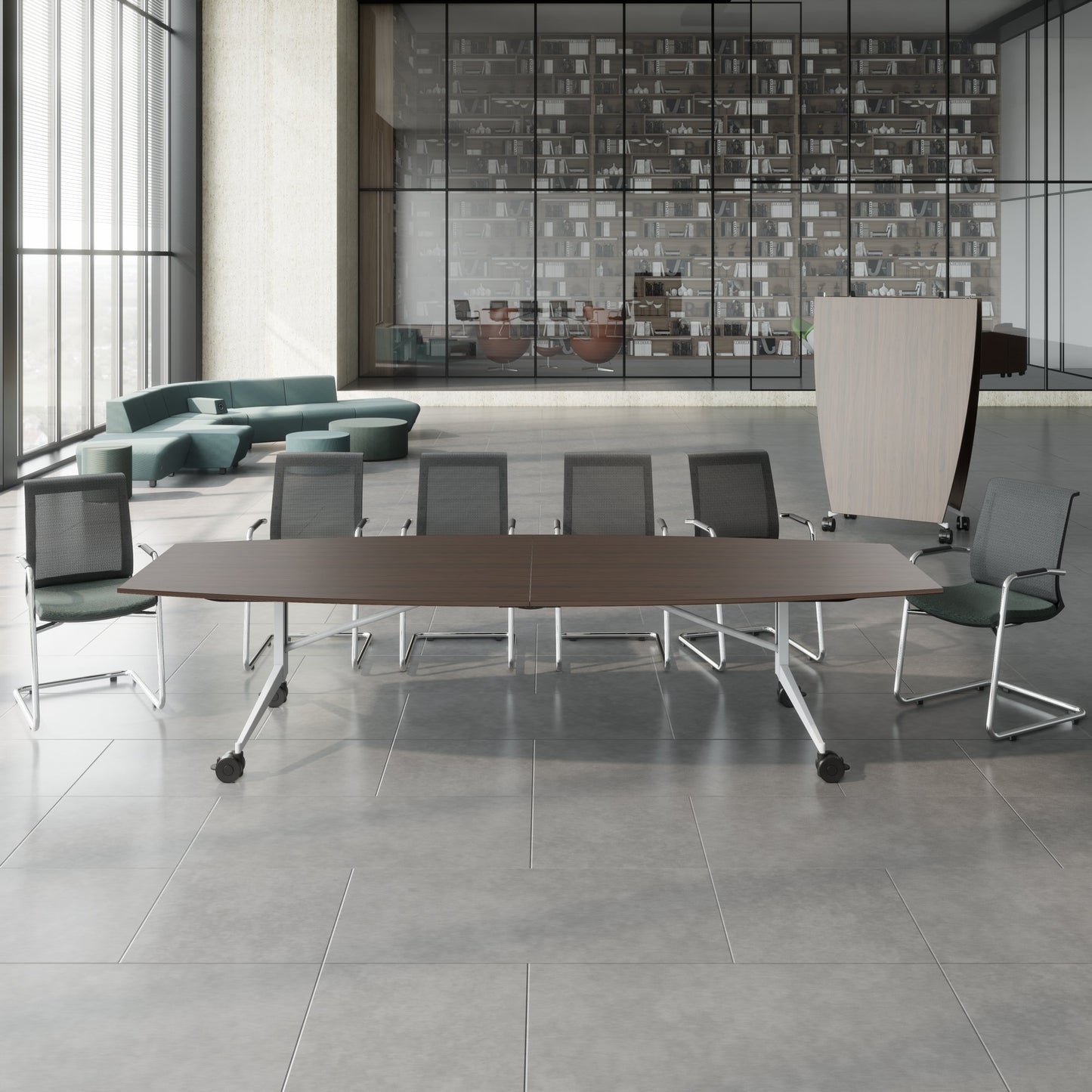 MARA - TIMMY LIBRO Table de conférence | forme bateau, 3200 x 1200 mm (10 à 14 personnes), roulante, pliable, noyer
