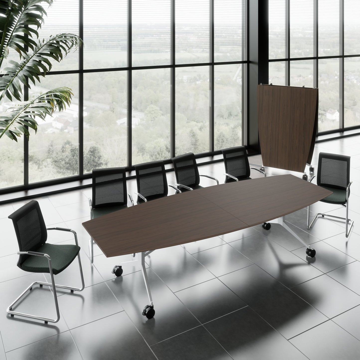 MARA - TIMMY LIBRO Table de conférence | forme bateau, 3200 x 1200 mm (10 à 14 personnes), roulante, pliable, noyer