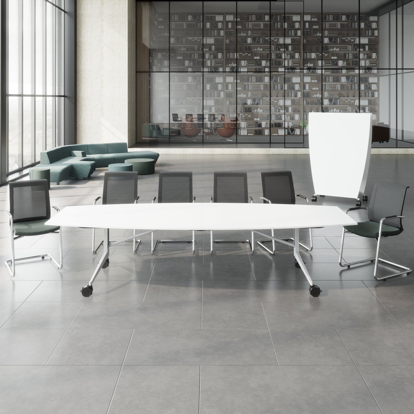MARA - TIMMY LIBRO Table de conférence | forme bateau, 3200 x 1200 mm (10 - 14 personnes), roulante, pliable, blanc