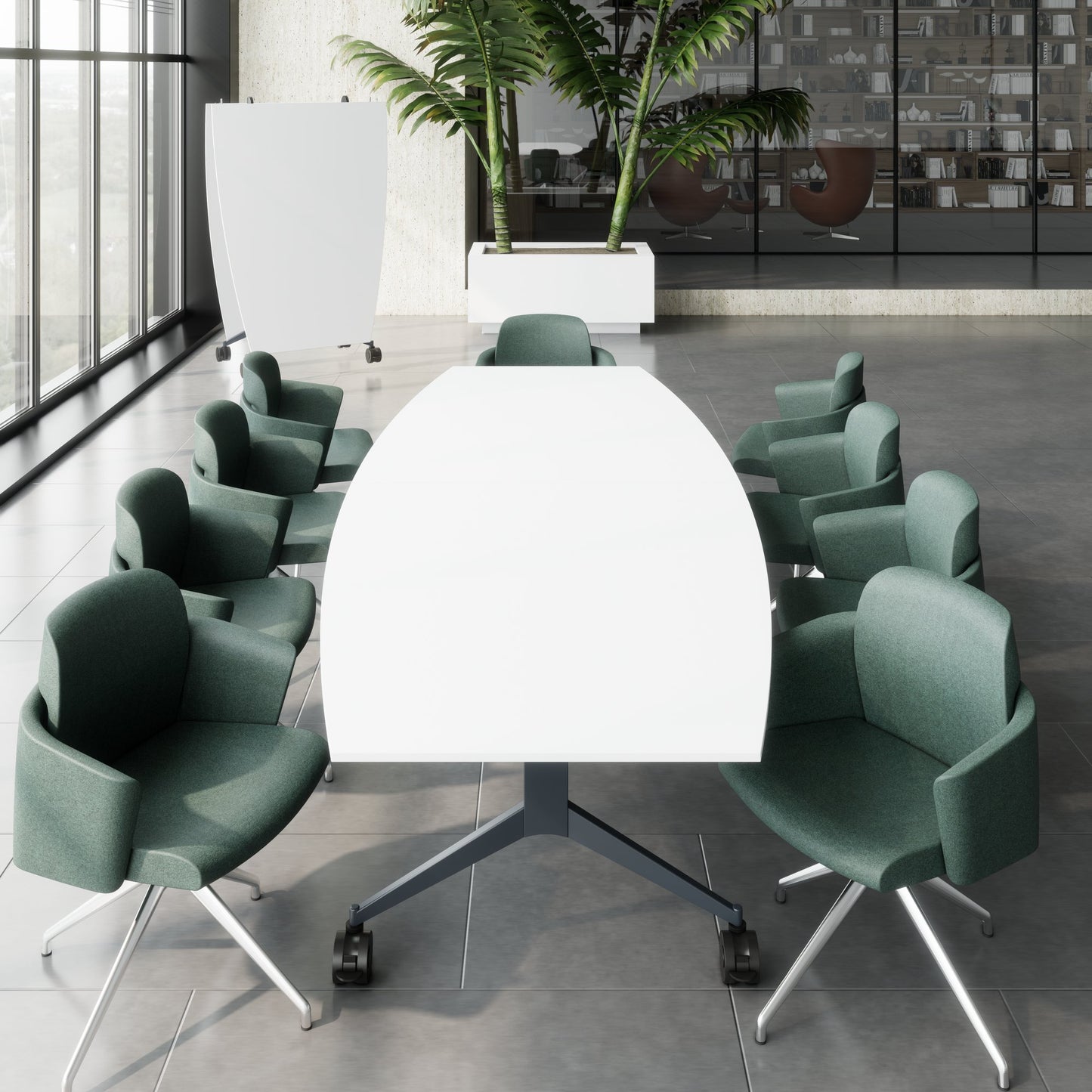 MARA - TIMMY LIBRO Table de conférence | forme bateau, 3200 x 1200 mm (10 - 14 personnes), roulante, pliable, blanc
