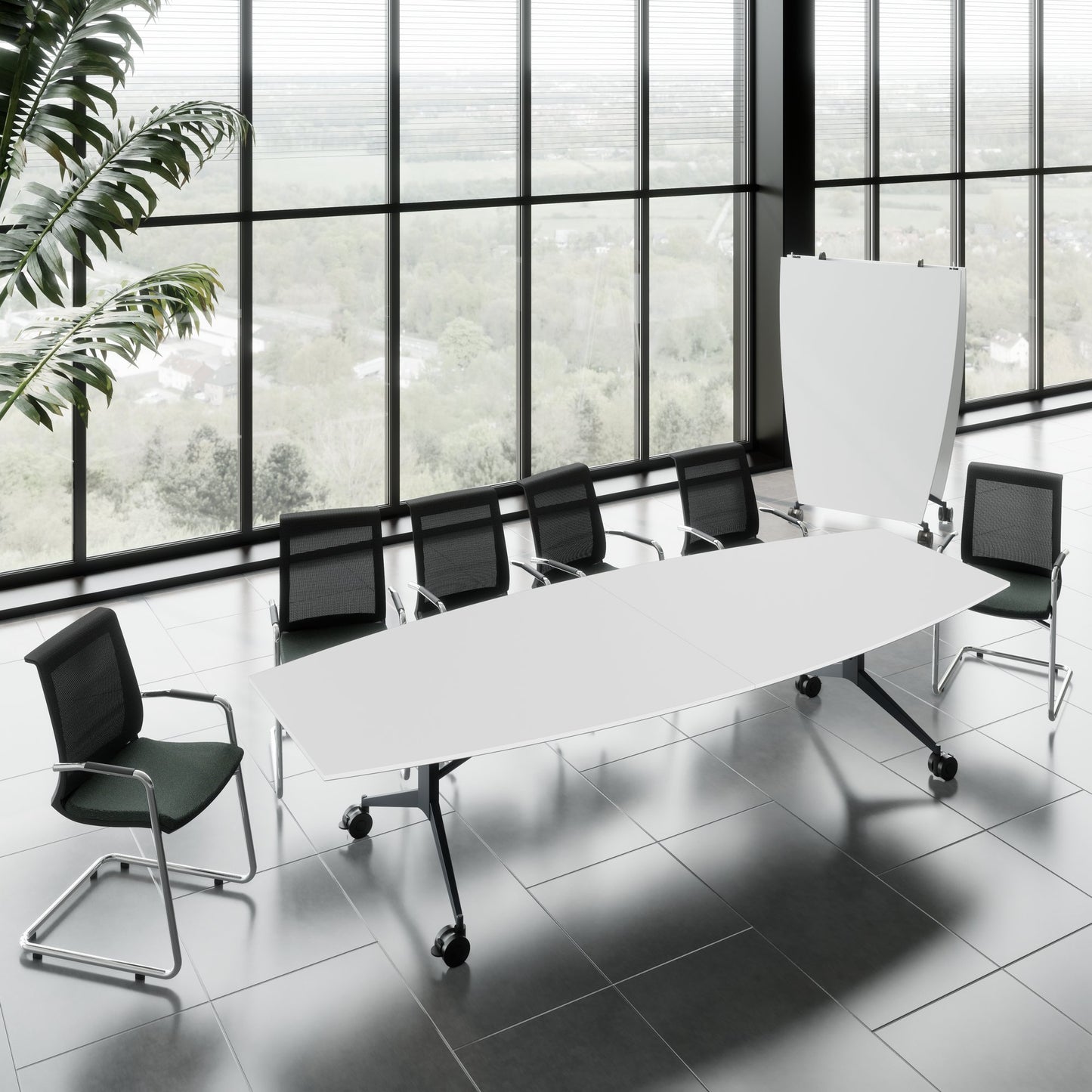 MARA - TIMMY LIBRO Table de conférence | forme bateau, 3200 x 1200 mm (10 - 14 personnes), roulante, pliable, blanc