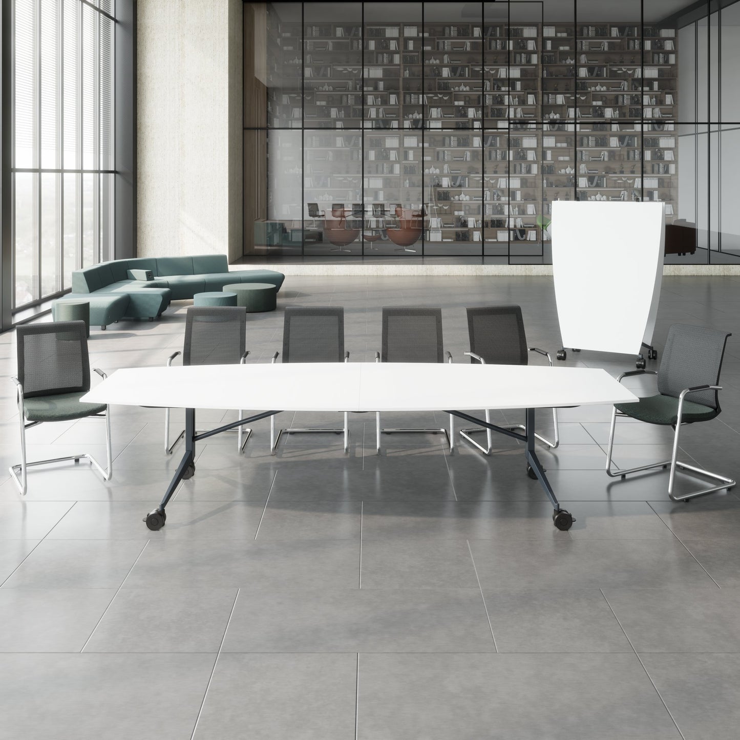 MARA - TIMMY LIBRO Table de conférence | forme bateau, 3200 x 1200 mm (10 - 14 personnes), roulante, pliable, blanc