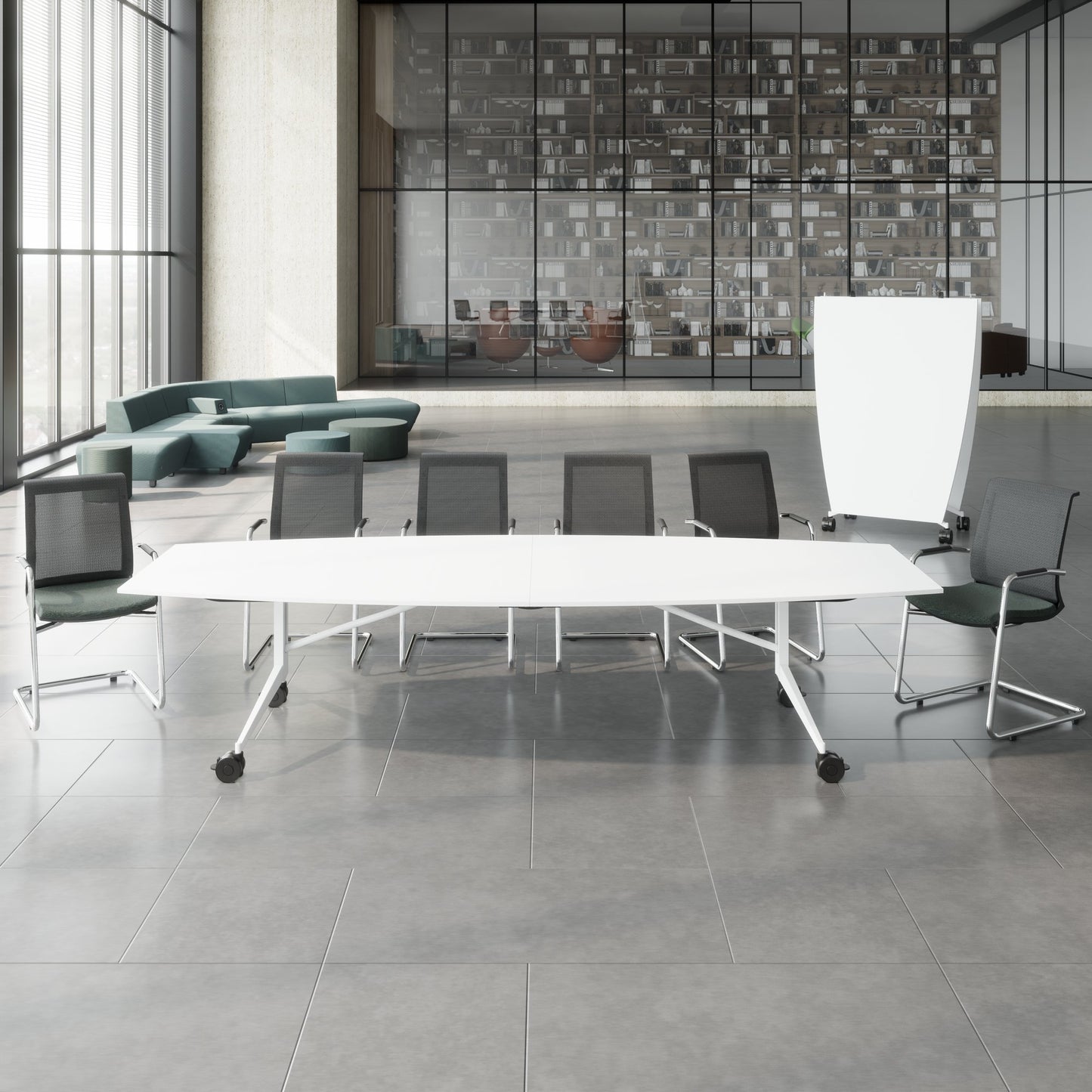 MARA - TIMMY LIBRO Table de conférence | forme bateau, 3200 x 1200 mm (10 - 14 personnes), roulante, pliable, blanc
