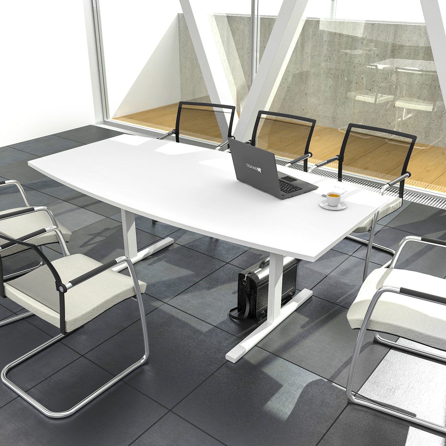 T-EASY Konferenztisch | Bootsform, 1800 - 2400 mm (6 - 10 Personen), Kabelklappe optional, Weiß
