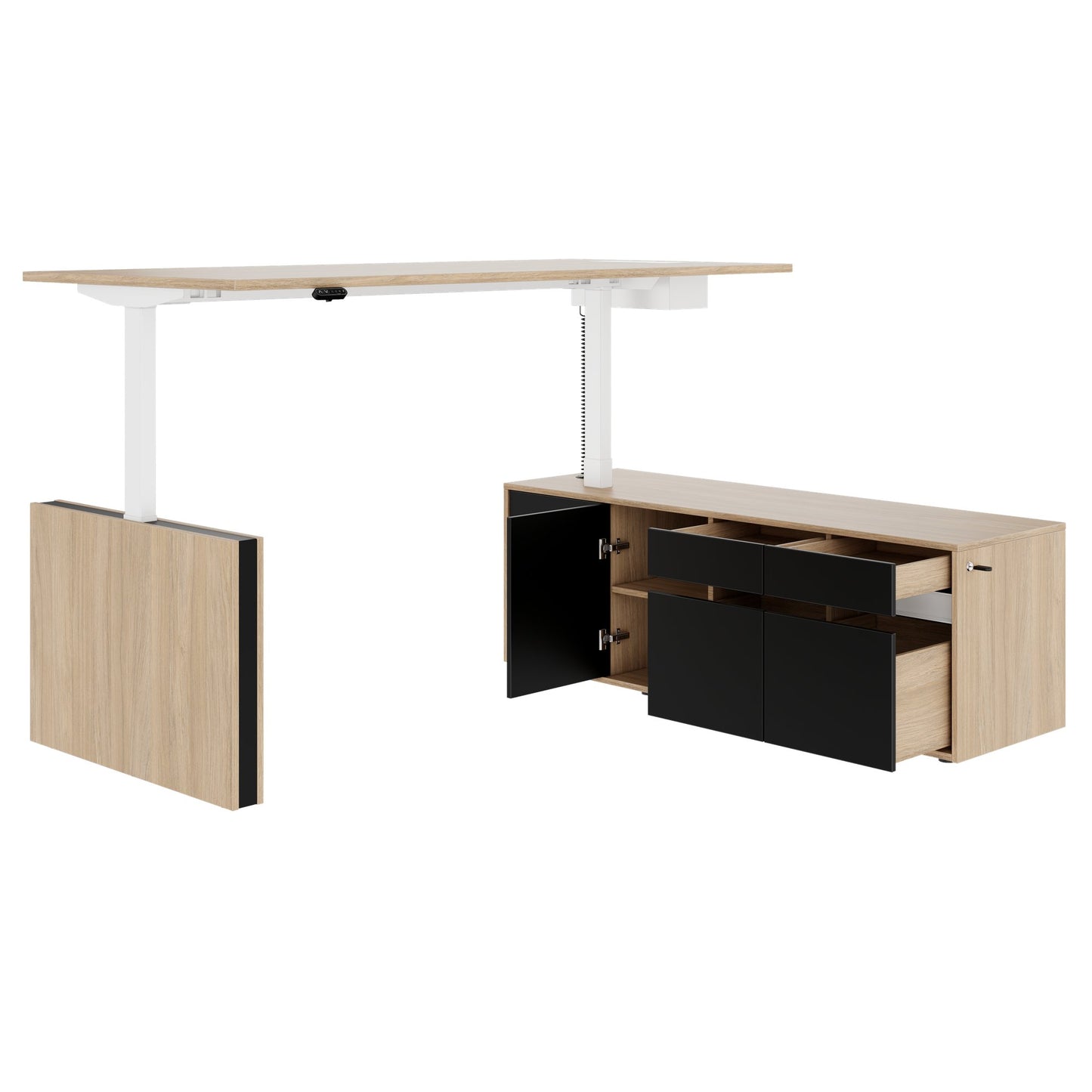 MOTION 2 motor desk with sideboard | Electrically height adjustable, 2000 x 1800 mm, amber oak