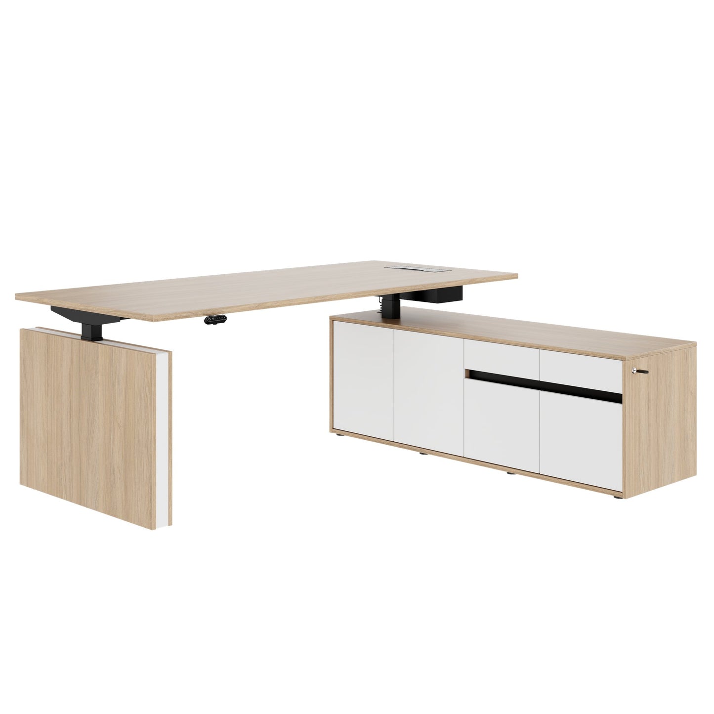 MOTION 2 motor desk with sideboard | Electrically height adjustable, 2000 x 1800 mm, amber oak