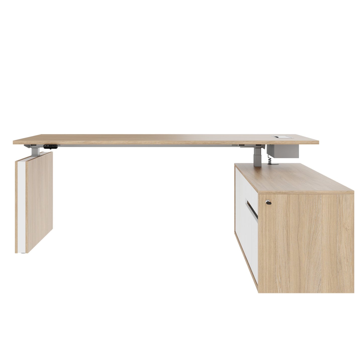 MOTION 2 motor desk with sideboard | Electrically height adjustable, 2000 x 1800 mm, amber oak