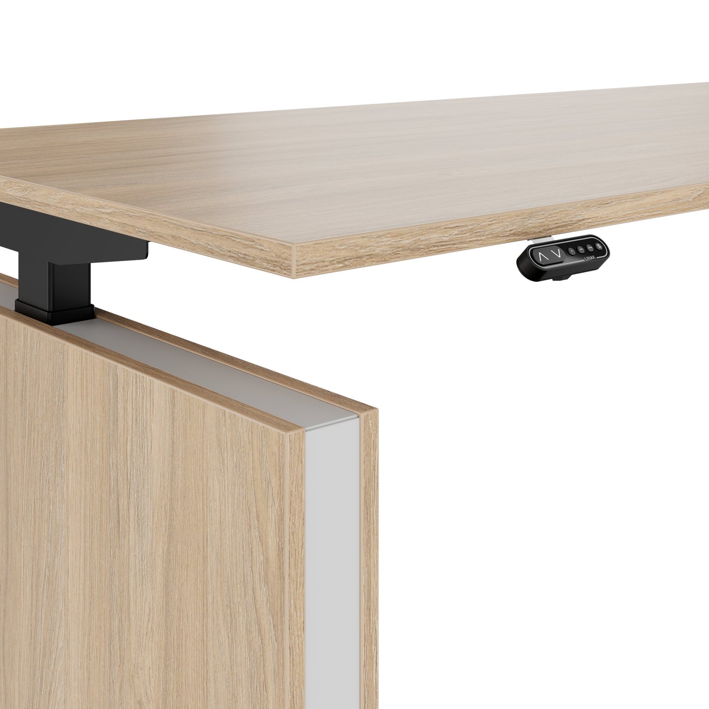 MOTION 2 motor desk with sideboard | Electrically height adjustable, 2000 x 1800 mm, amber oak