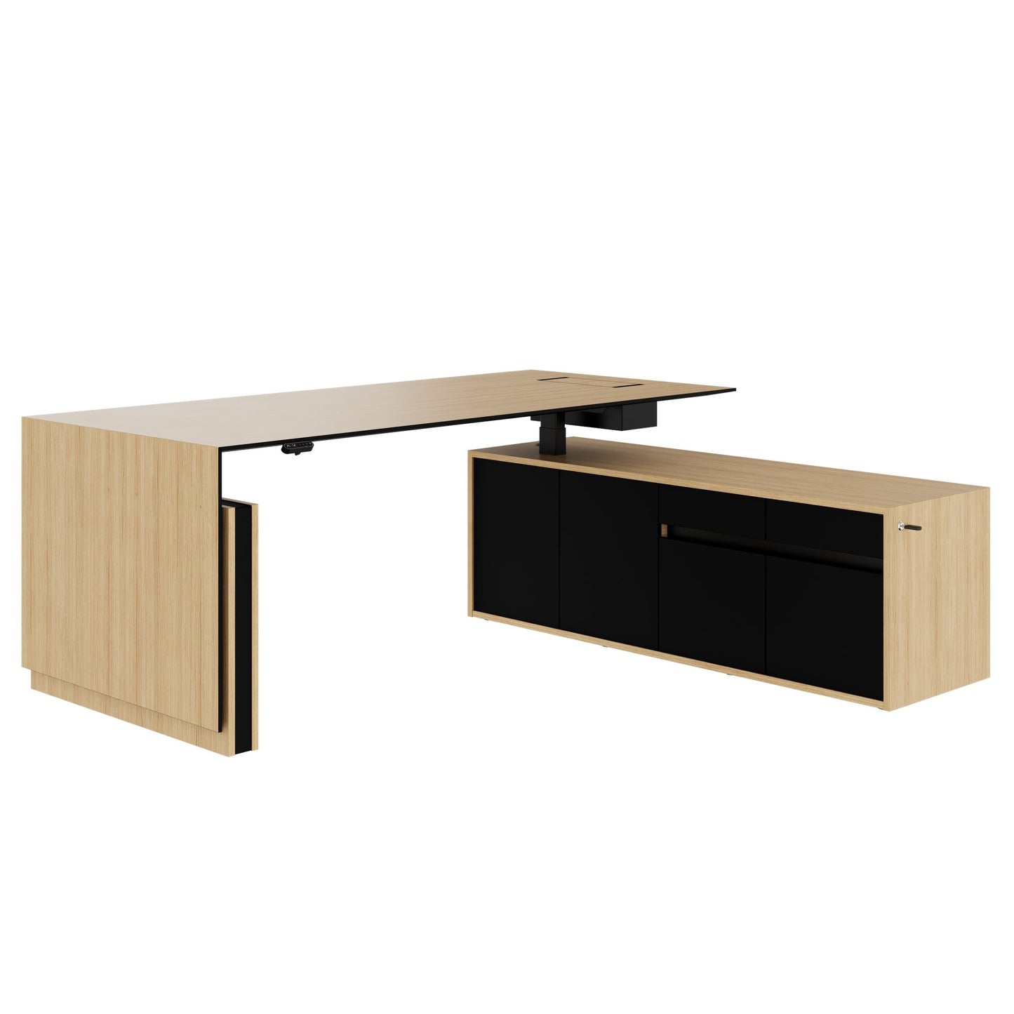 MOTION 2 motor desk with sideboard | Electrically height adjustable, 2000 x 1800 mm, oak veneer