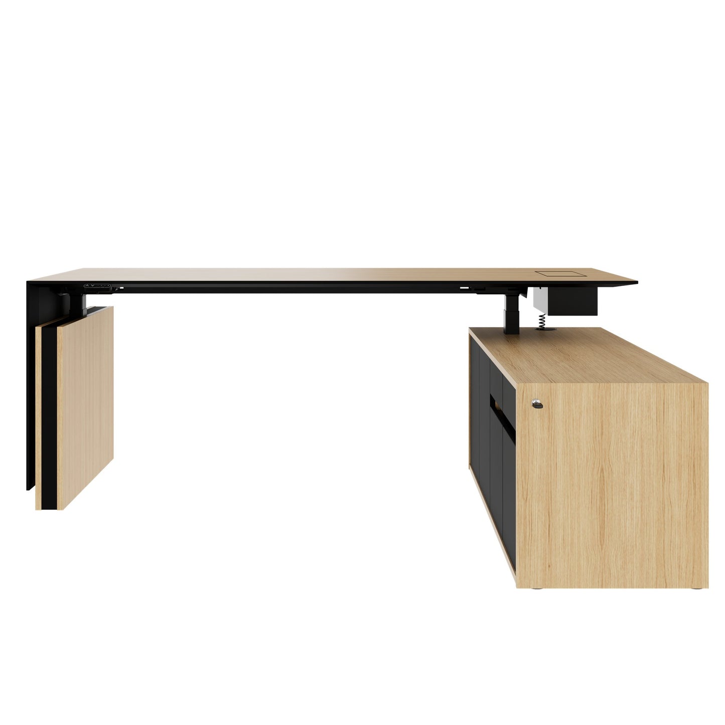 MOTION Bureau à 2 moteurs avec buffet | Réglable à hauteur électrique, 2000 x 1800 mm, placage en chêne