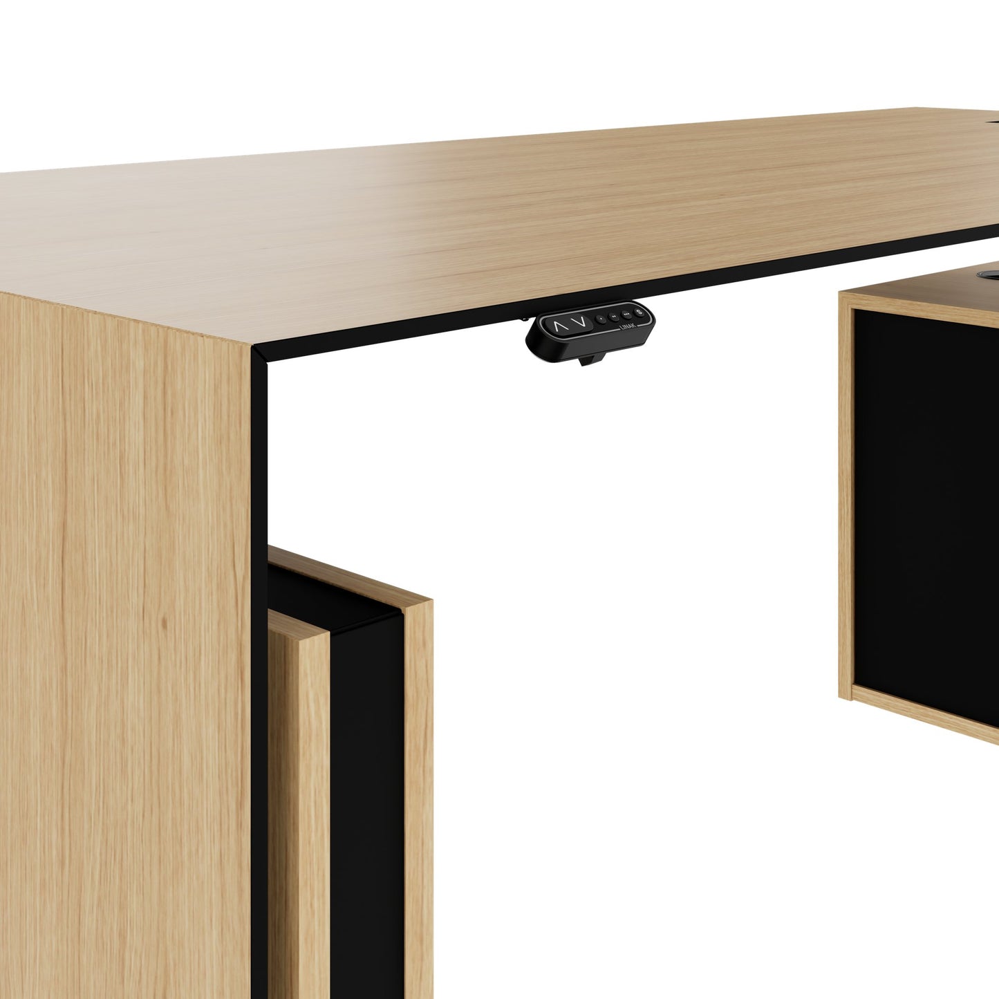 MOTION 2 motor desk with sideboard | Electrically height adjustable, 2000 x 1800 mm, oak veneer