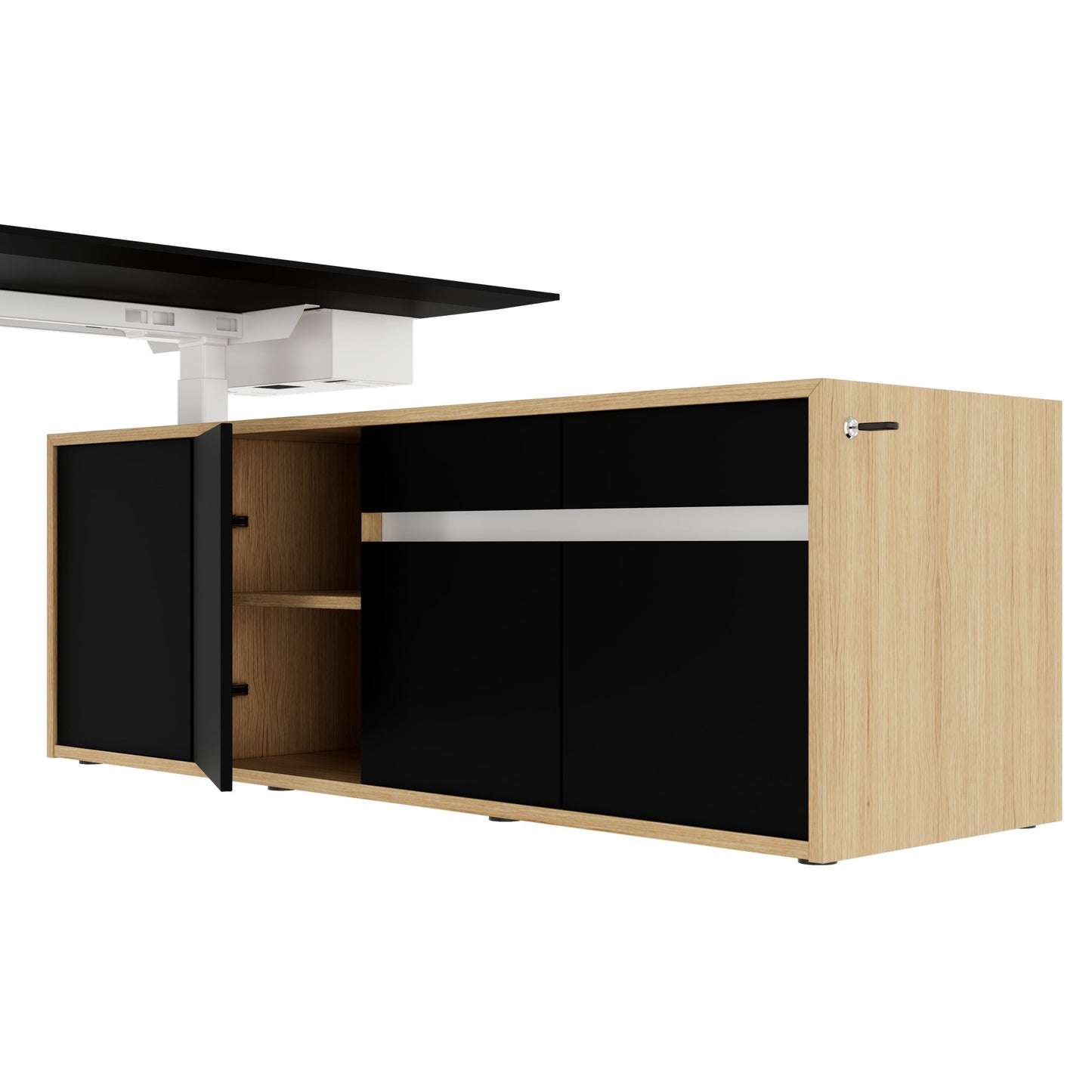 MOTION 2 motor desk with sideboard | Electrically height adjustable, 2000 x 1800 mm, oak veneer