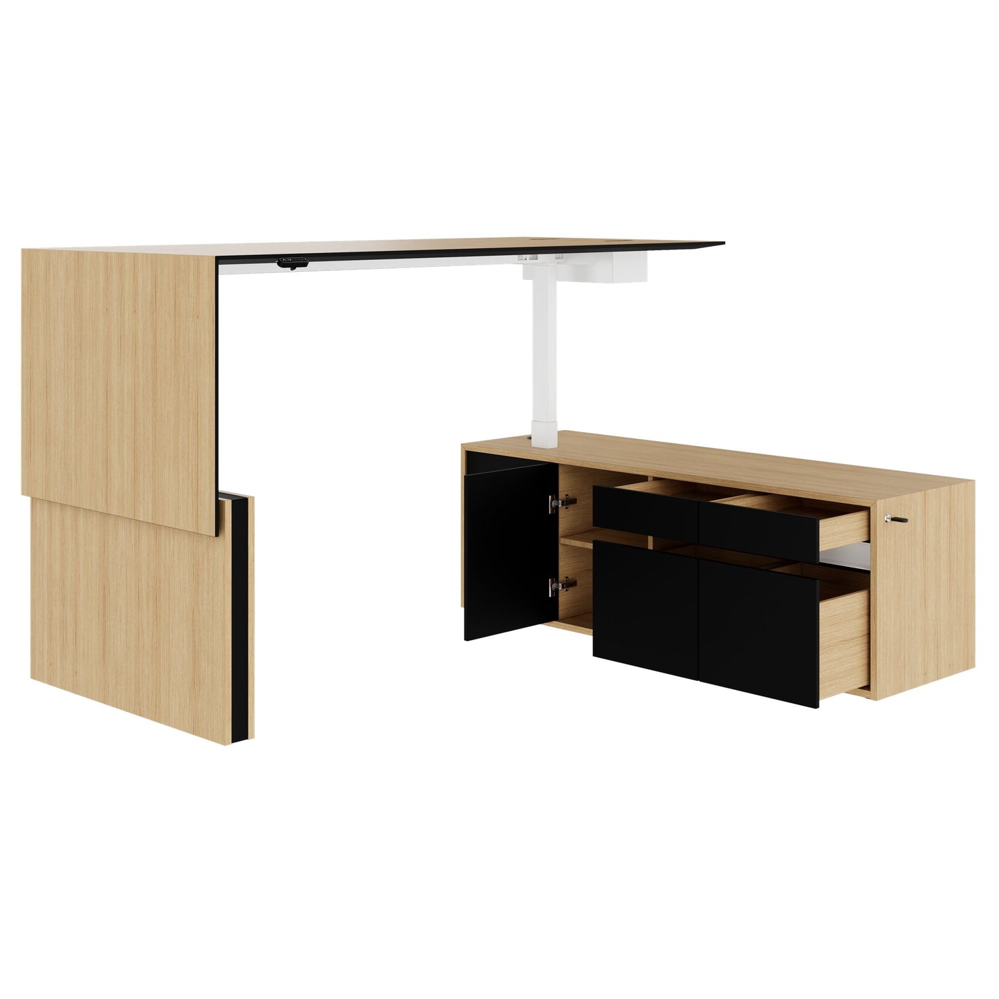 MOTION 2 motor desk with sideboard | Electrically height adjustable, 2000 x 1800 mm, oak veneer