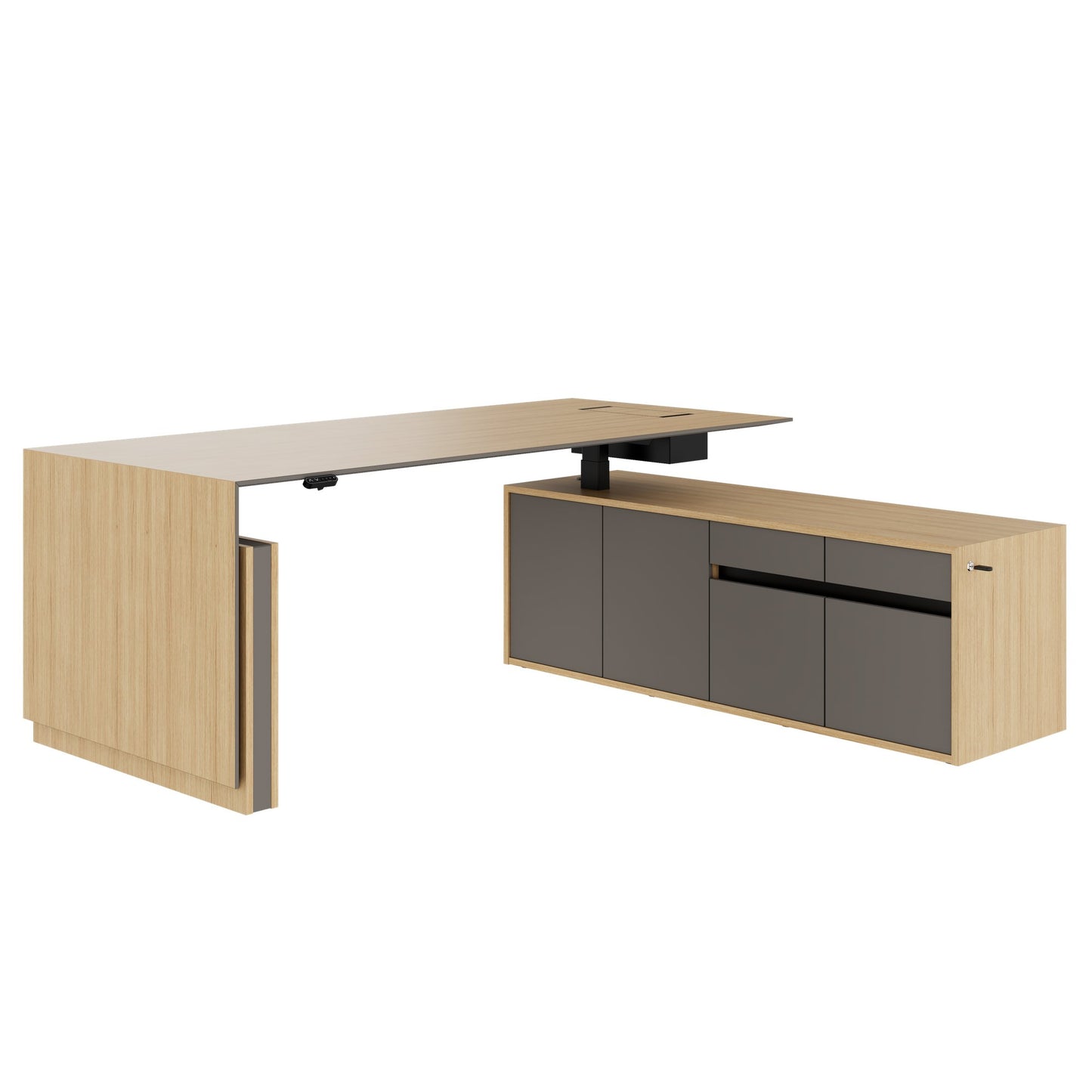 MOTION 2 motor desk with sideboard | Electrically height adjustable, 2000 x 1800 mm, oak veneer