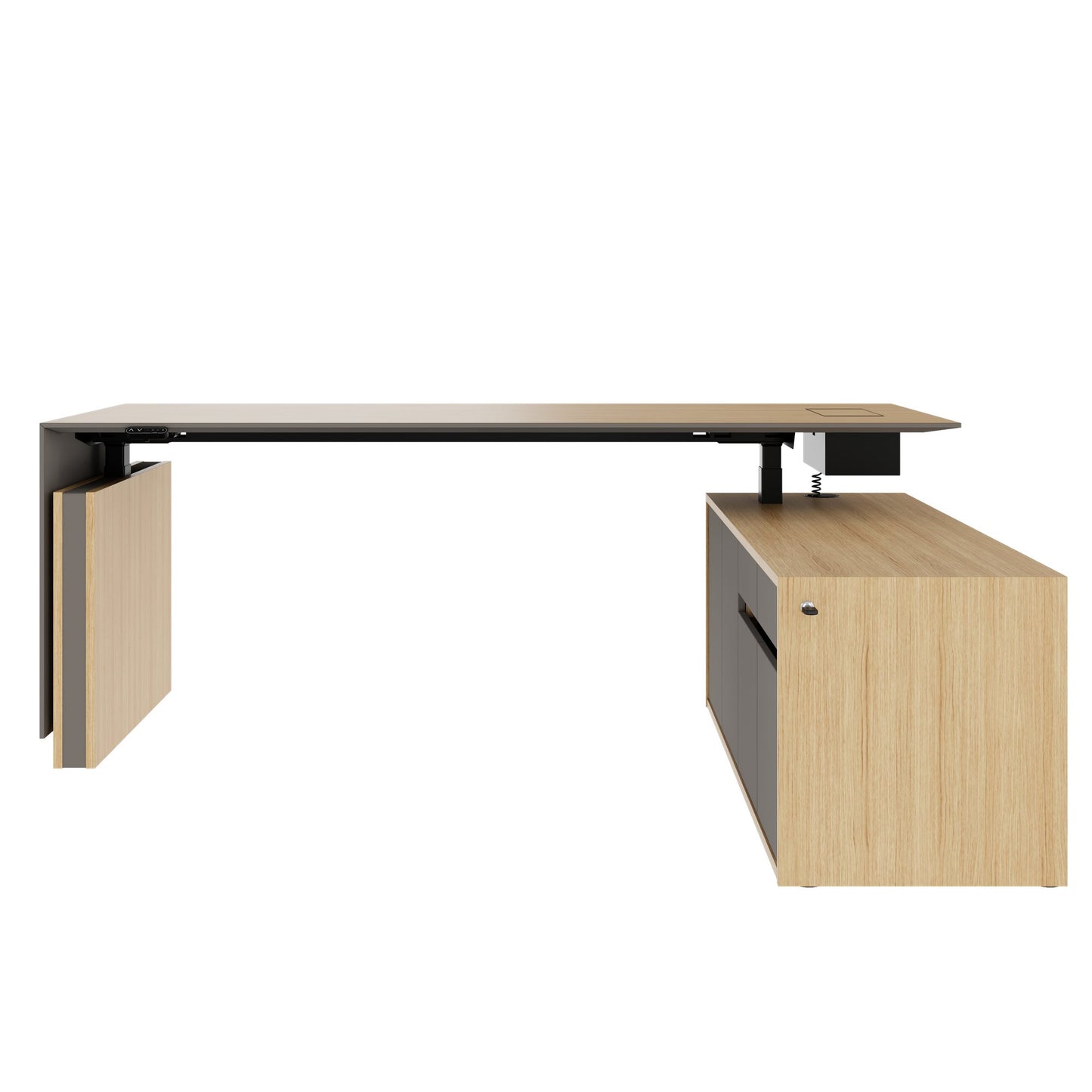 MOTION 2 motor desk with sideboard | Electrically height adjustable, 2000 x 1800 mm, oak veneer