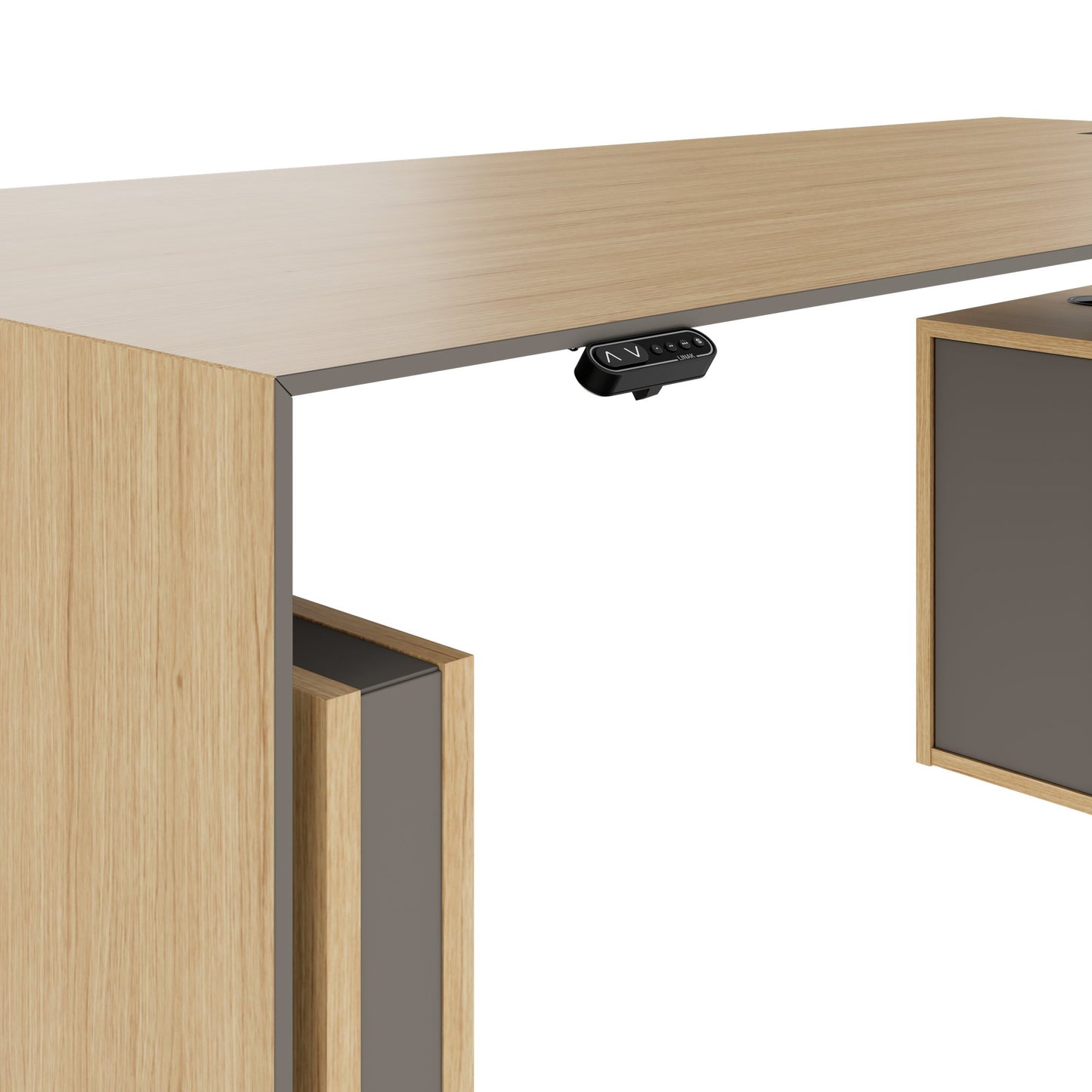 MOTION 2 motor desk with sideboard | Electrically height adjustable, 2000 x 1800 mm, oak veneer