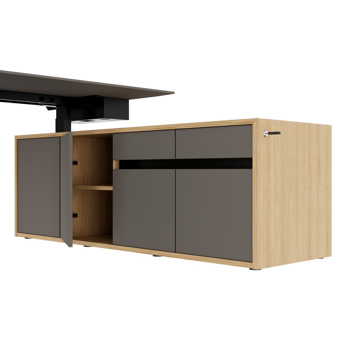 MOTION 2 motor desk with sideboard | Electrically height adjustable, 2000 x 1800 mm, oak veneer