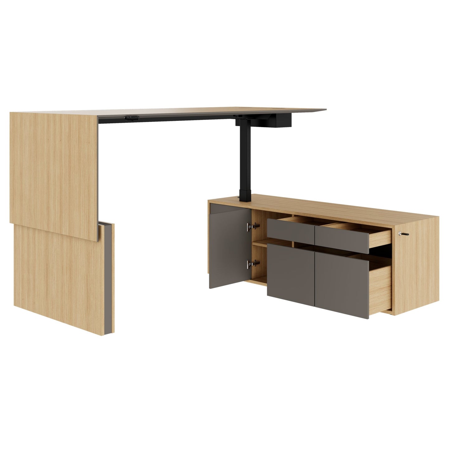 MOTION 2 motor desk with sideboard | Electrically height adjustable, 2000 x 1800 mm, oak veneer