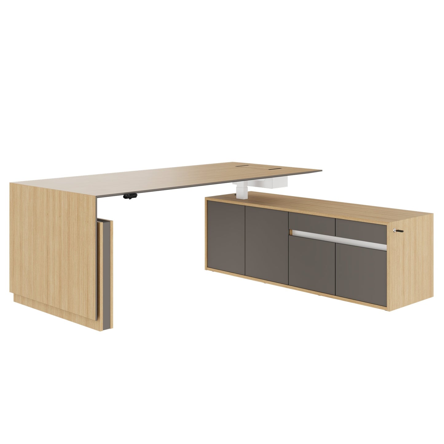 MOTION 2 motor desk with sideboard | Electrically height adjustable, 2000 x 1800 mm, oak veneer