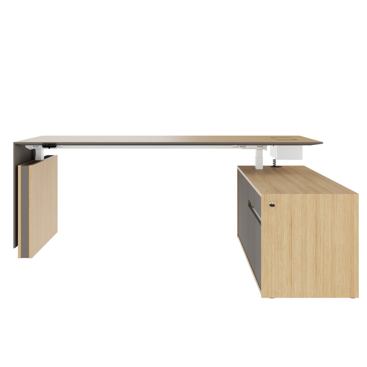 MOTION 2 motor desk with sideboard | Electrically height adjustable, 2000 x 1800 mm, oak veneer