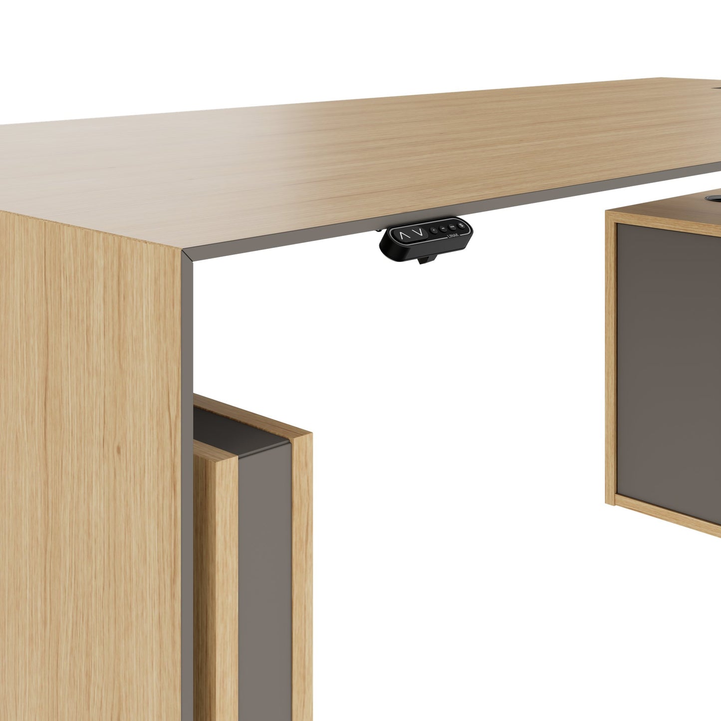 MOTION 2 motor desk with sideboard | Electrically height adjustable, 2000 x 1800 mm, oak veneer