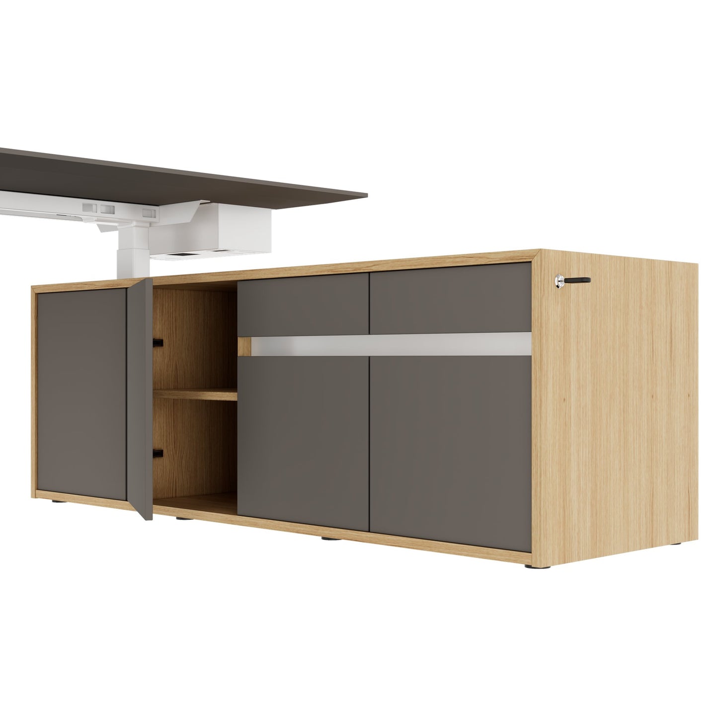 MOTION 2 motor desk with sideboard | Electrically height adjustable, 2000 x 1800 mm, oak veneer