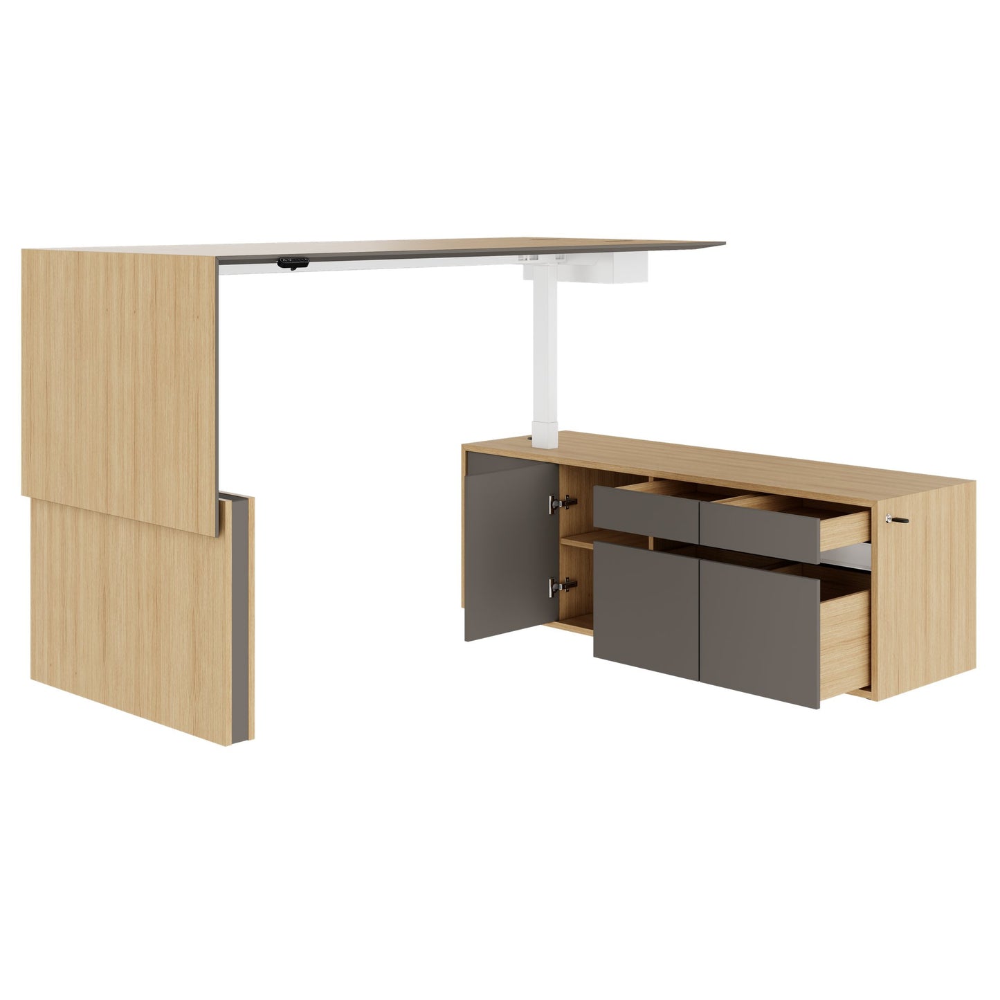 MOTION 2 motor desk with sideboard | Electrically height adjustable, 2000 x 1800 mm, oak veneer