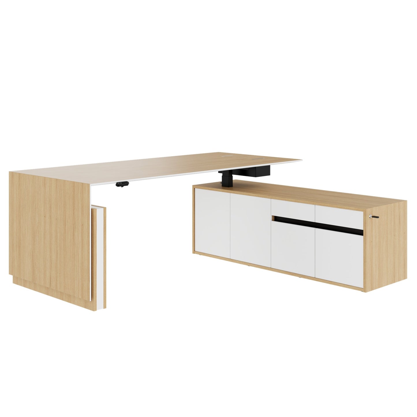 MOTION Bureau à 2 moteurs avec buffet | Réglable à hauteur électrique, 2000 x 1800 mm, placage en chêne