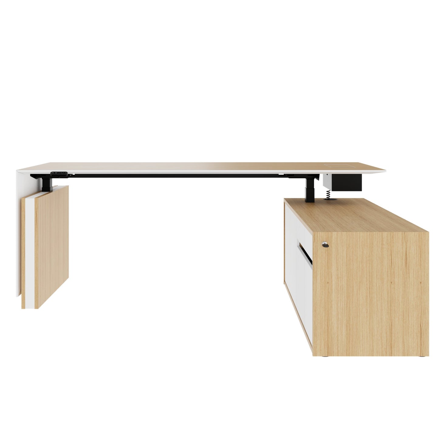 MOTION Bureau à 2 moteurs avec buffet | Réglable à hauteur électrique, 2000 x 1800 mm, placage en chêne
