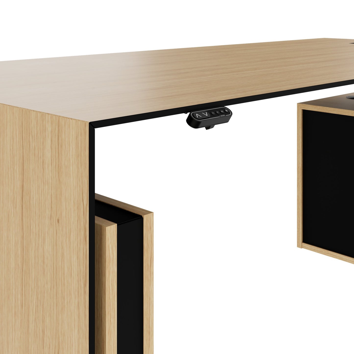 MOTION 2 motor desk with sideboard | Electrically height adjustable, 2000 x 1800 mm, oak veneer