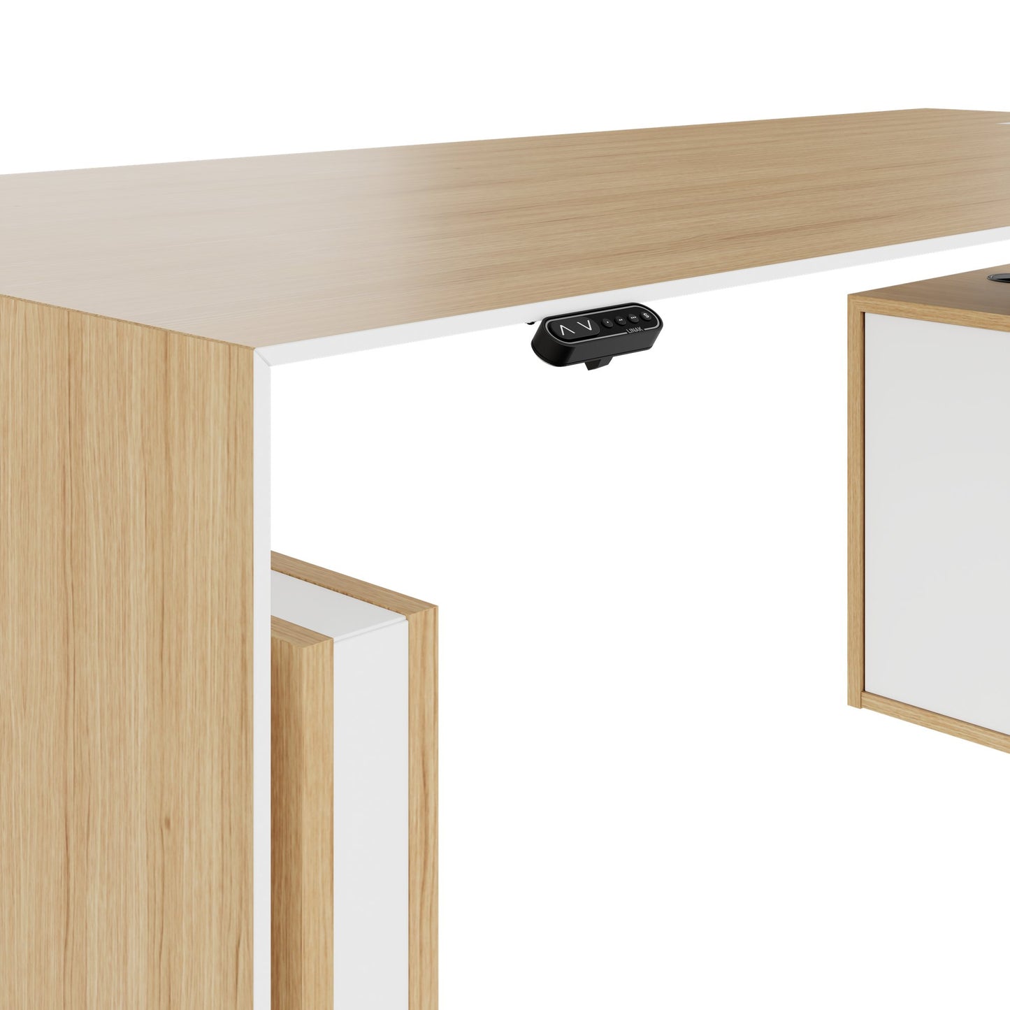 MOTION Bureau à 2 moteurs avec buffet | Réglable à hauteur électrique, 2000 x 1800 mm, placage en chêne