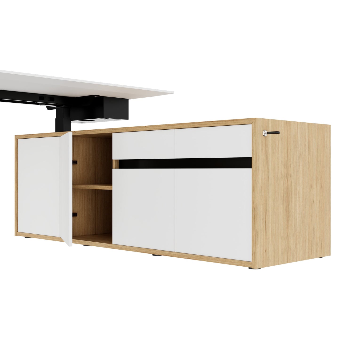 MOTION 2 motor desk with sideboard | Electrically height adjustable, 2000 x 1800 mm, oak veneer