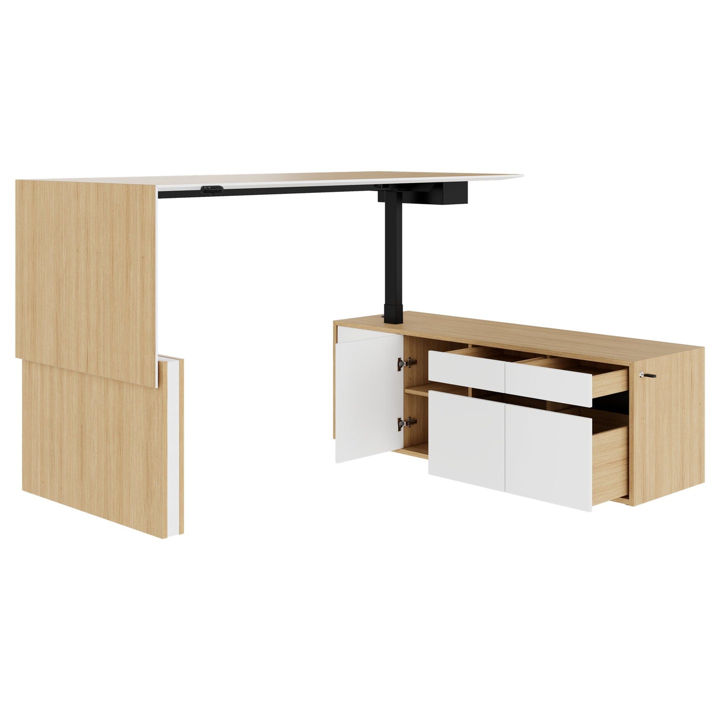MOTION 2 motor desk with sideboard | Electrically height adjustable, 2000 x 1800 mm, oak veneer