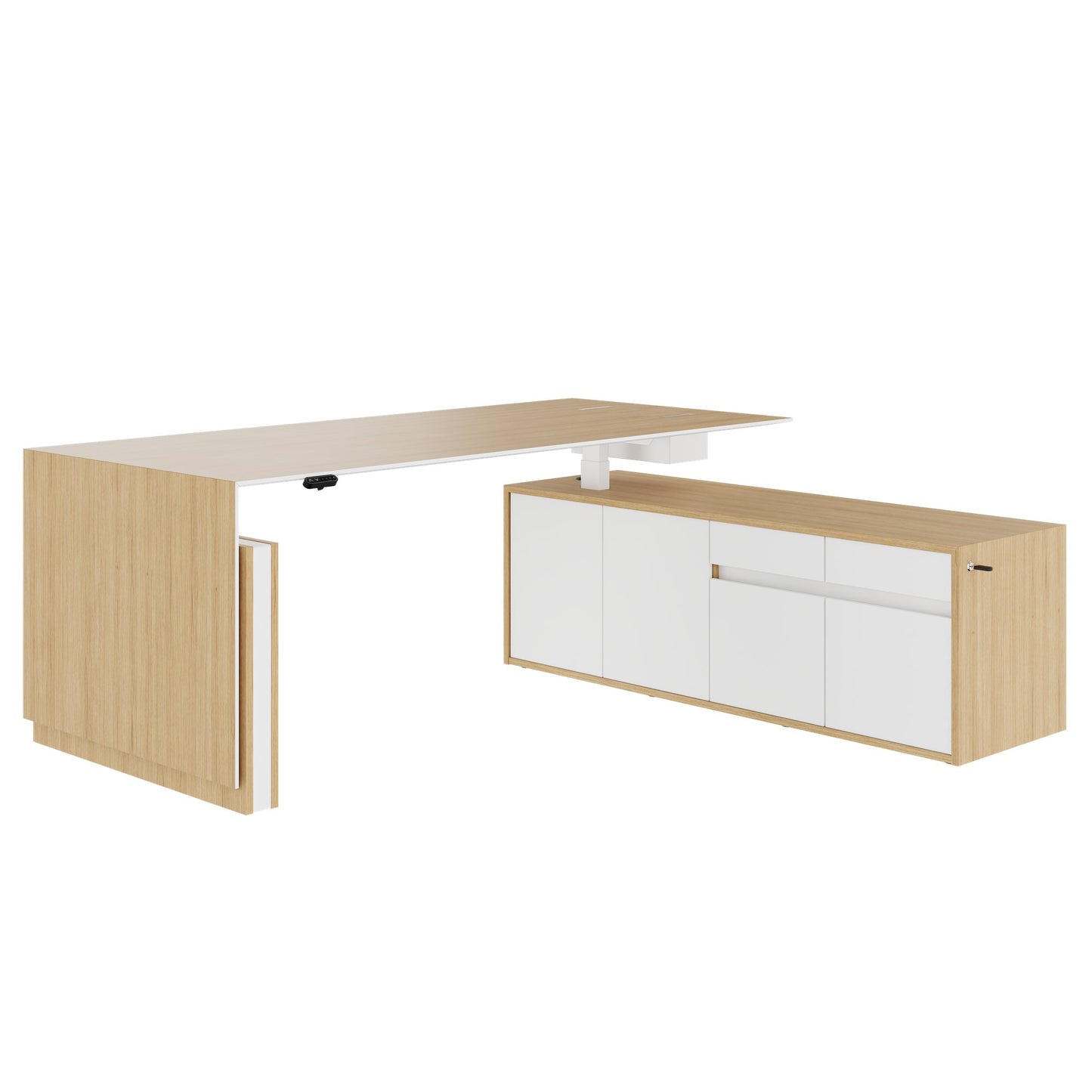 MOTION 2 motor desk with sideboard | Electrically height adjustable, 2000 x 1800 mm, oak veneer
