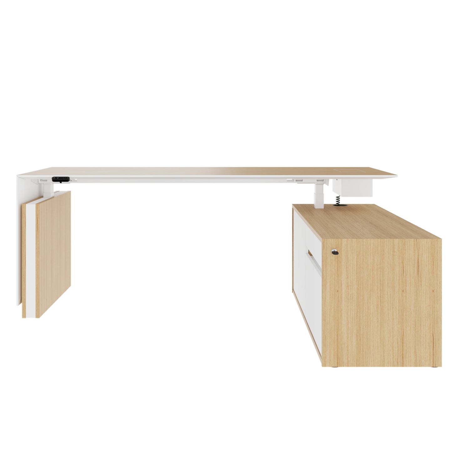 MOTION 2 motor desk with sideboard | Electrically height adjustable, 2000 x 1800 mm, oak veneer