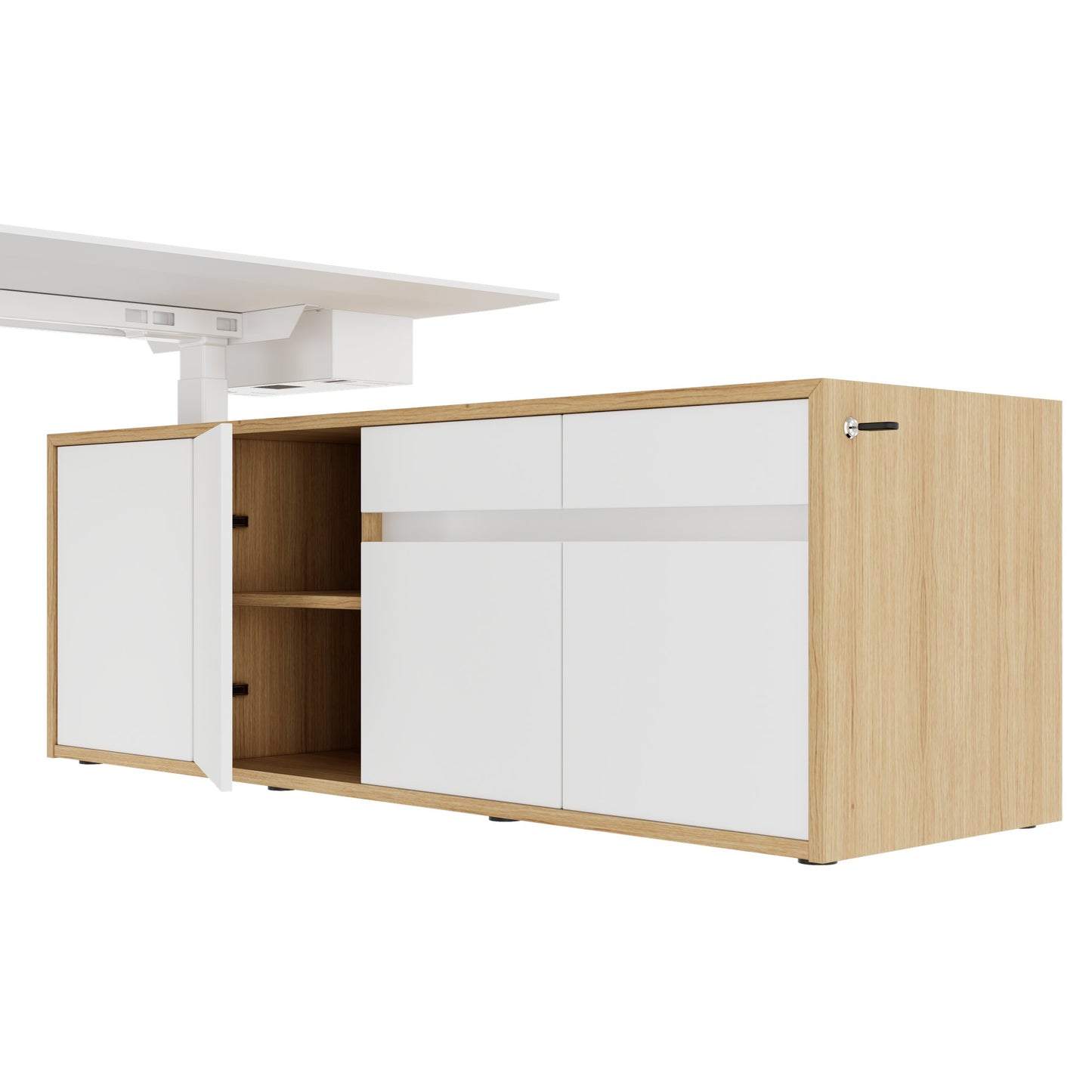 MOTION 2 motor desk with sideboard | Electrically height adjustable, 2000 x 1800 mm, oak veneer