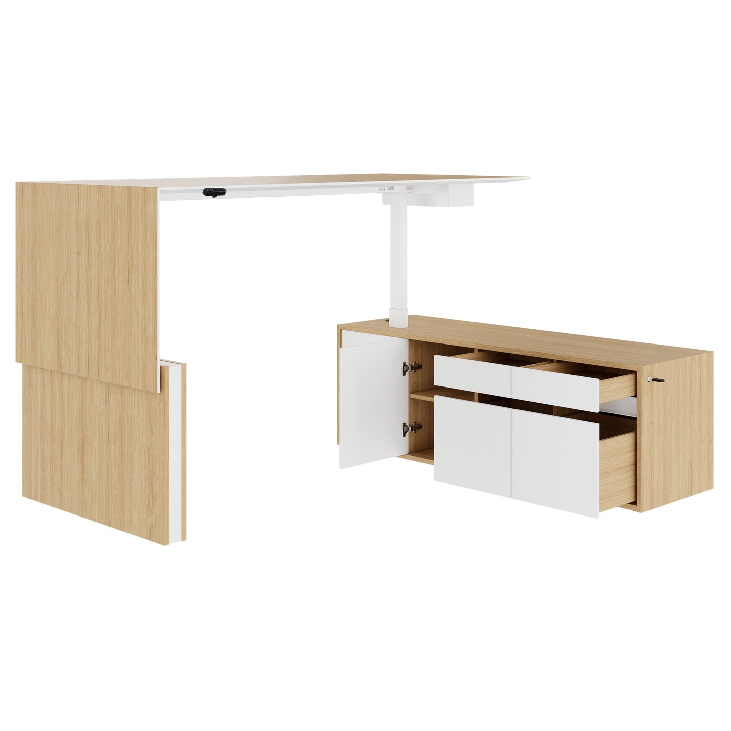 MOTION 2 motor desk with sideboard | Electrically height adjustable, 2000 x 1800 mm, oak veneer