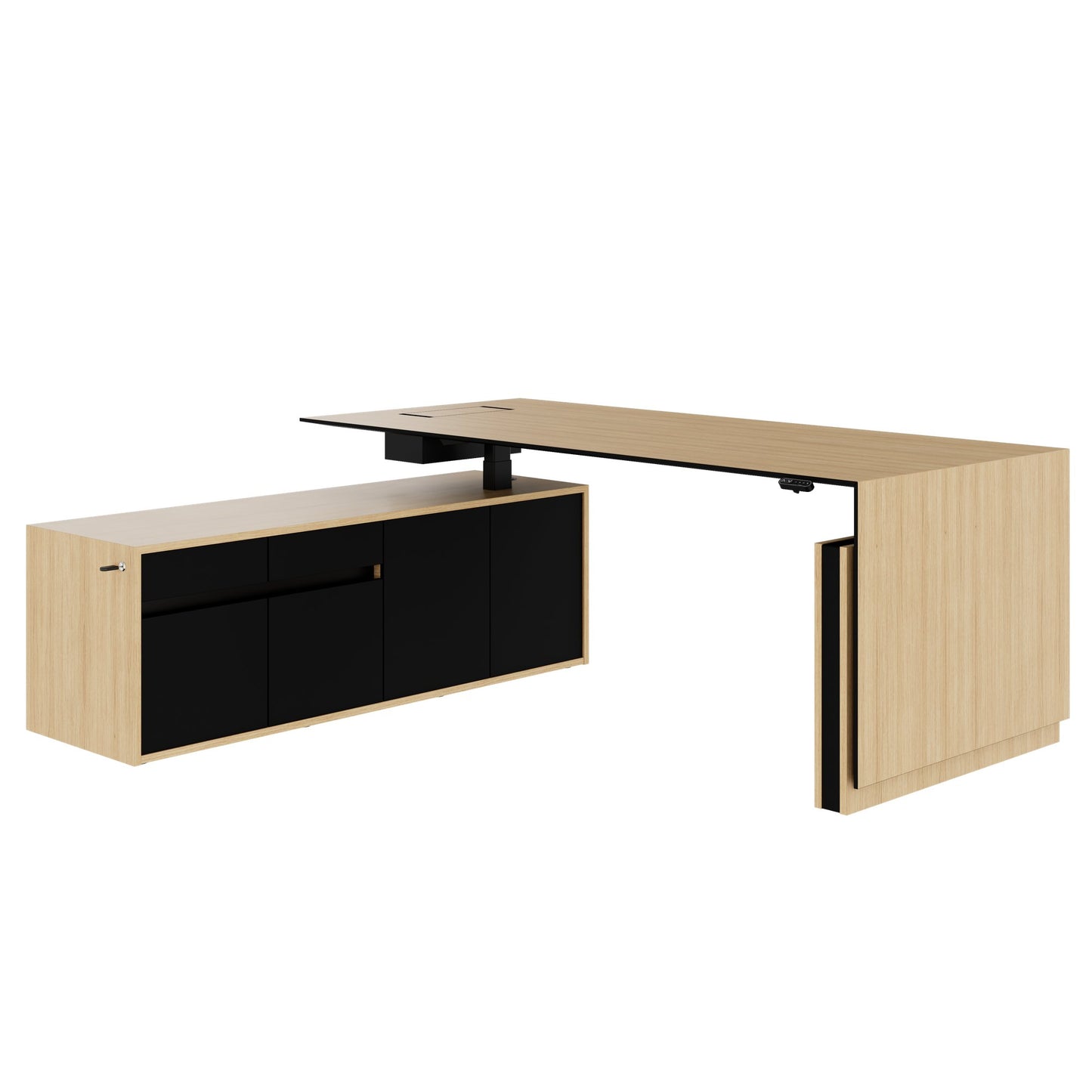 MOTION 2 motor desk with sideboard | Electrically height adjustable, 2000 x 1800 mm, oak veneer