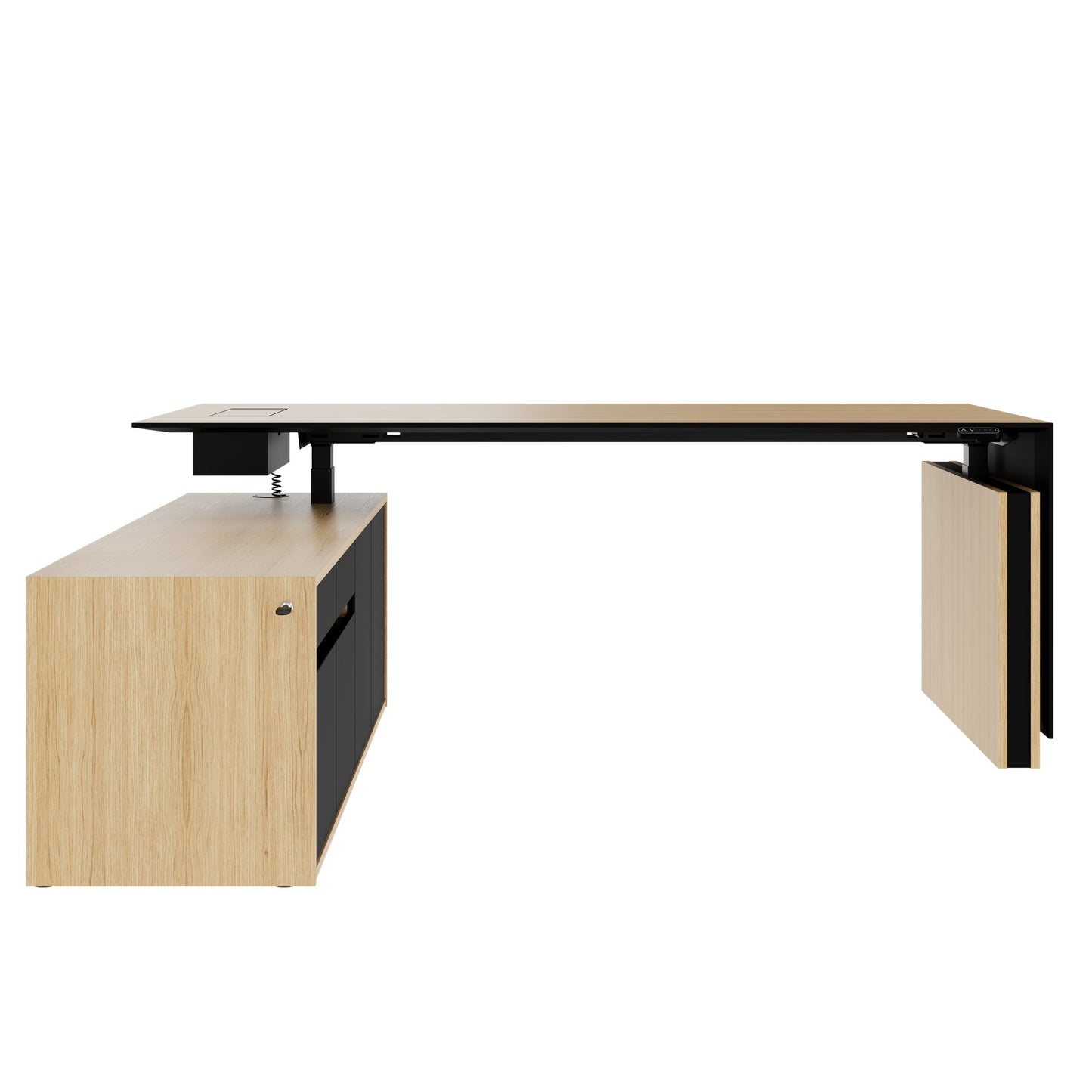 MOTION 2 motor desk with sideboard | Electrically height adjustable, 2000 x 1800 mm, oak veneer