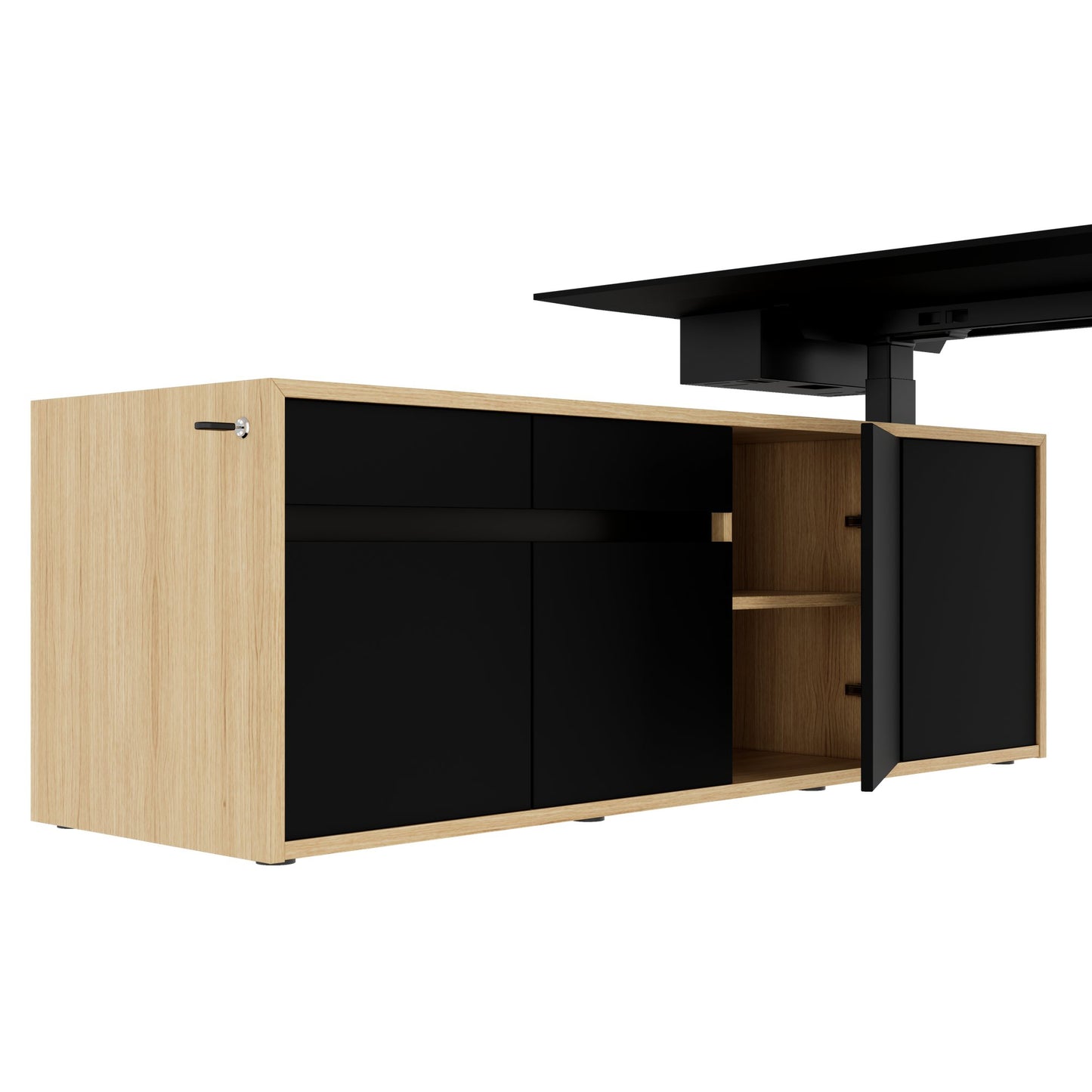 MOTION 2 motor desk with sideboard | Electrically height adjustable, 2000 x 1800 mm, oak veneer