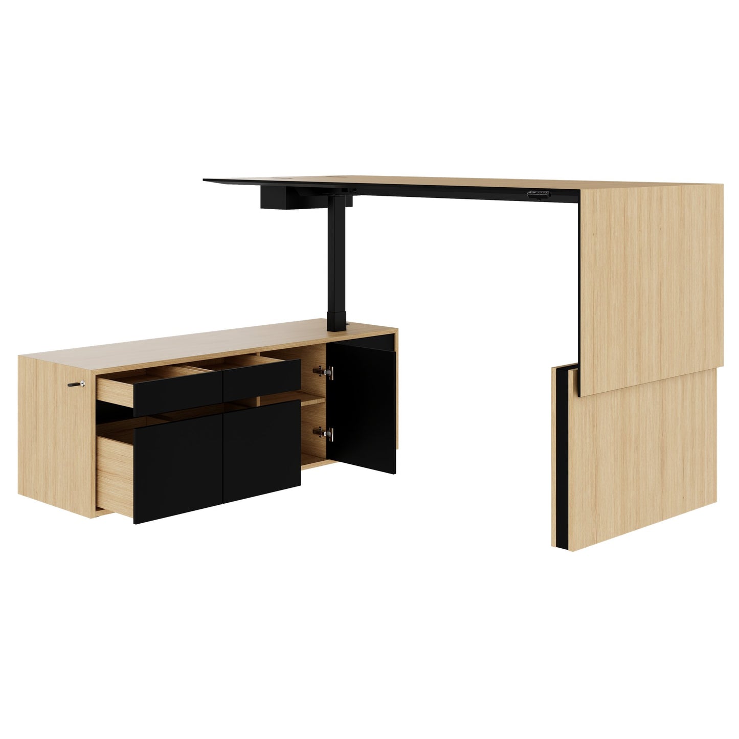 MOTION 2 motor desk with sideboard | Electrically height adjustable, 2000 x 1800 mm, oak veneer