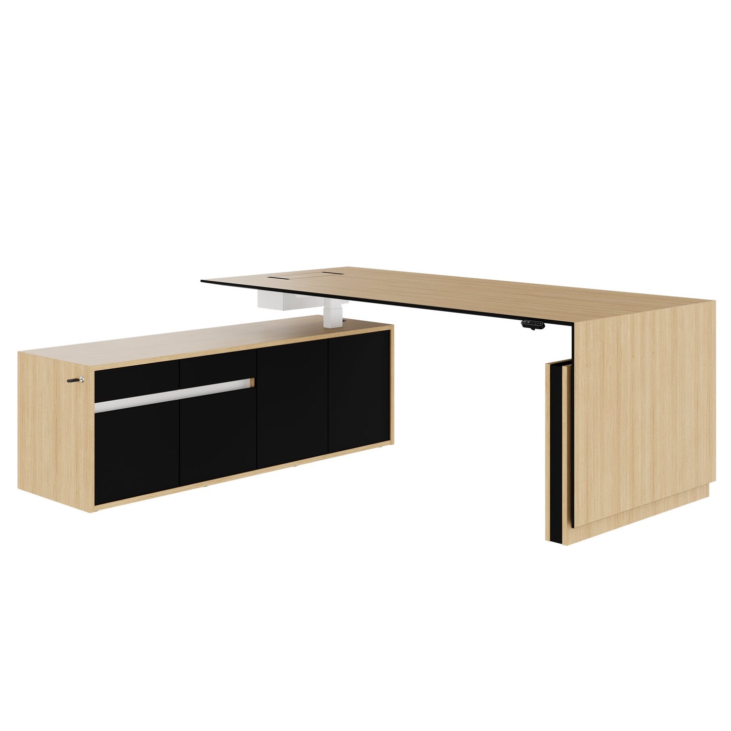 MOTION 2 motor desk with sideboard | Electrically height adjustable, 2000 x 1800 mm, oak veneer