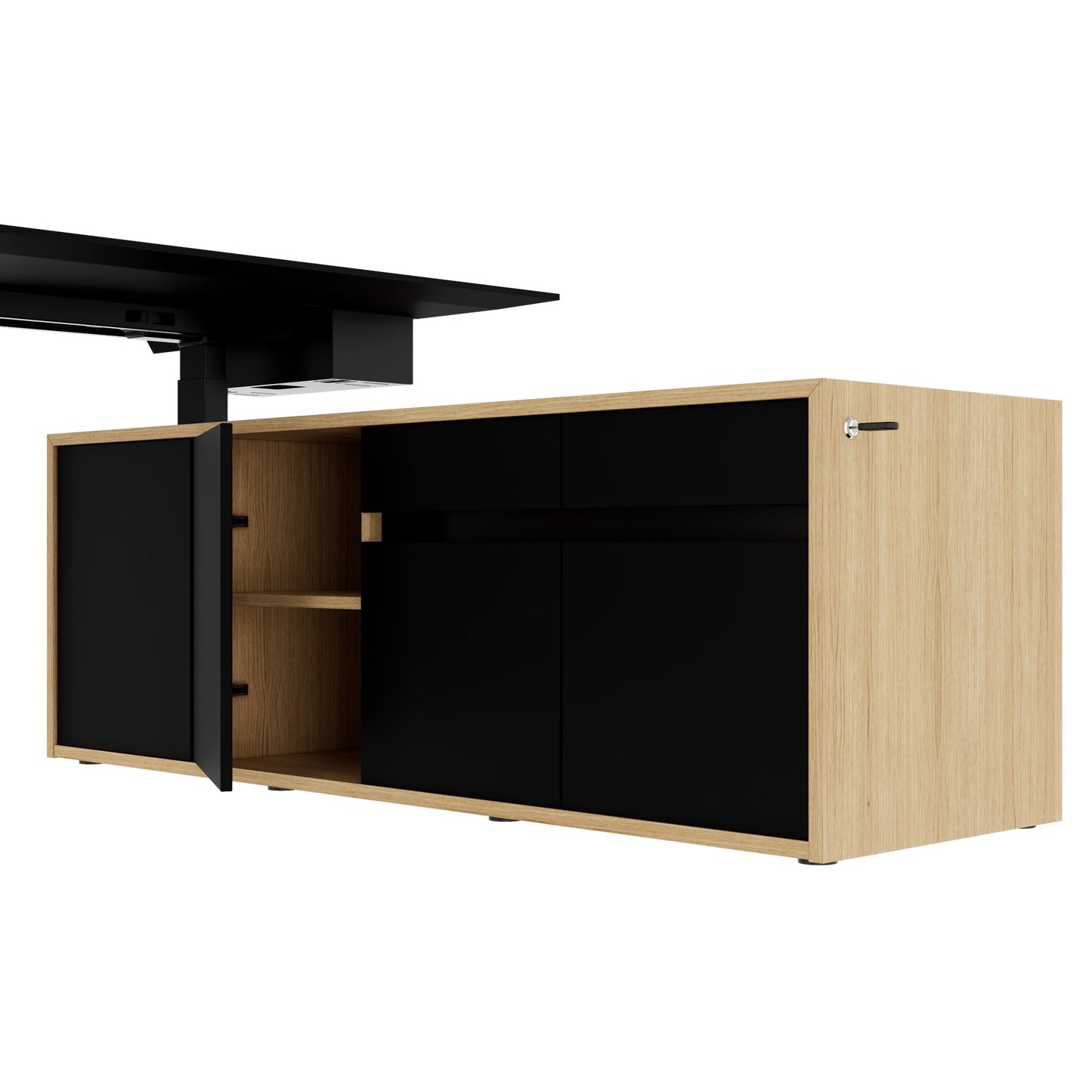 MOTION 2 motor desk with sideboard | Electrically height adjustable, 2000 x 1800 mm, oak veneer