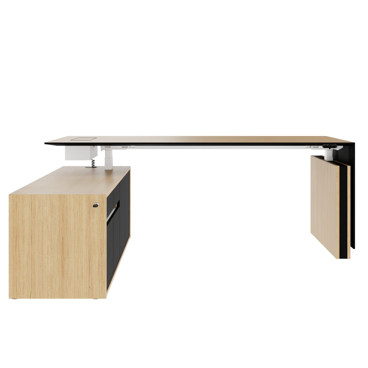 MOTION 2 motor desk with sideboard | Electrically height adjustable, 2000 x 1800 mm, oak veneer